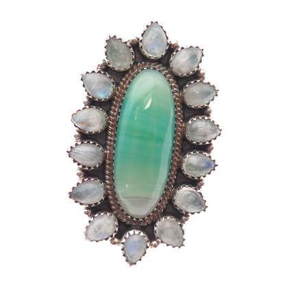 925 Sterling Silver Vintage Real Agate & Moonstone Statement Ring Size 7.25