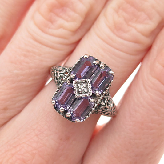 CNA Pranda Sterling Silver Vintage Real Diamond Accent & Amethyst Ring Size 6.75