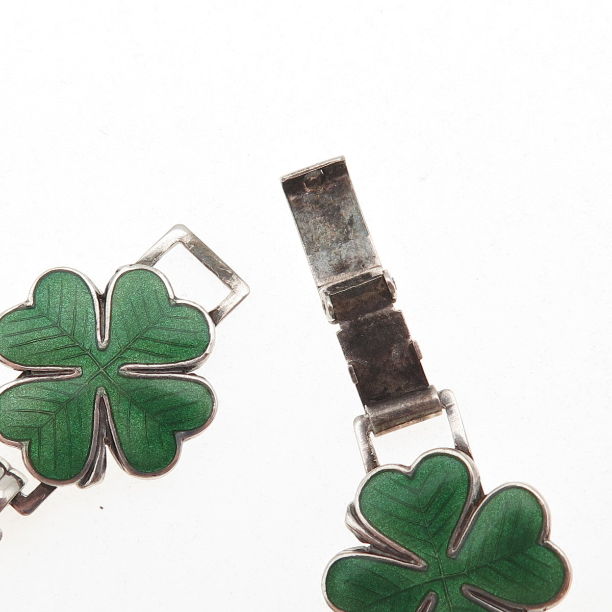 925 Sterling Silver Antique Art Deco Enamel Lucky Clover Link Bracelet 7"