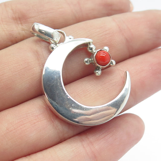 925 Sterling Silver Vintage Real Coral Crescent Moon & Star Pendant