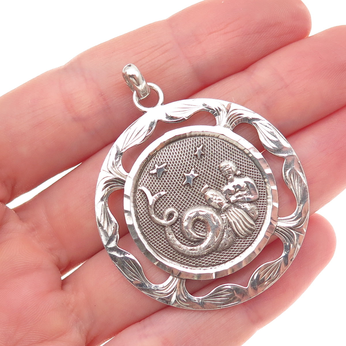 925 Sterling Silver Vintage Mexico Aquarius Zodiac Sign Oxidized Pendant