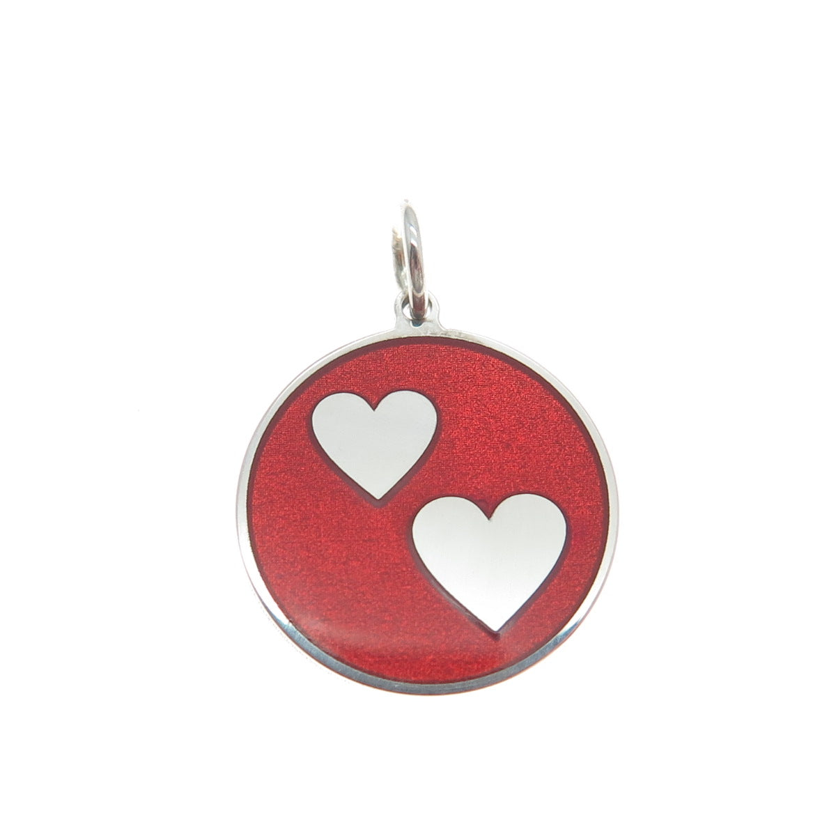 925 Sterling Silver Red Enamel Couple Heart Round Tag Minimalist Charm Pendant