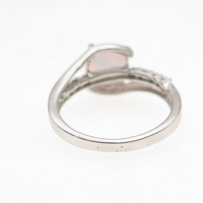 925 Sterling Silver Real Round-Cut Diamond & Cushion-Cut Opal Ring Size 7.25
