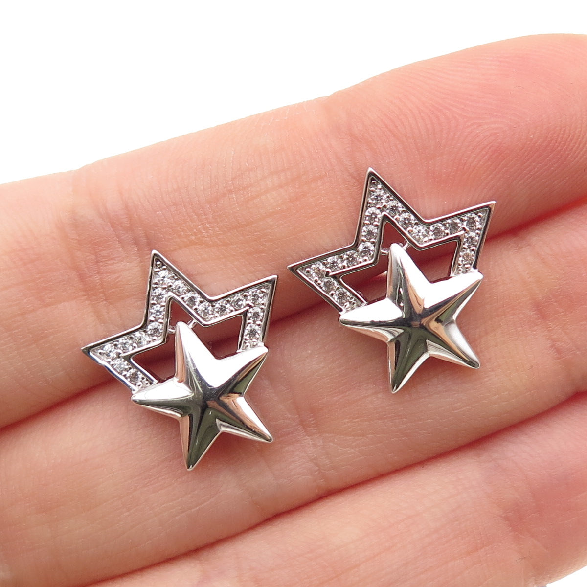925 Sterling Silver Round-Cut C Z Star Stud Earrings