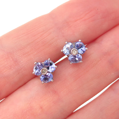 Chuck Clemency 925 Sterling Silver Real Diamond & Tanzanite Flower Stud Earrings