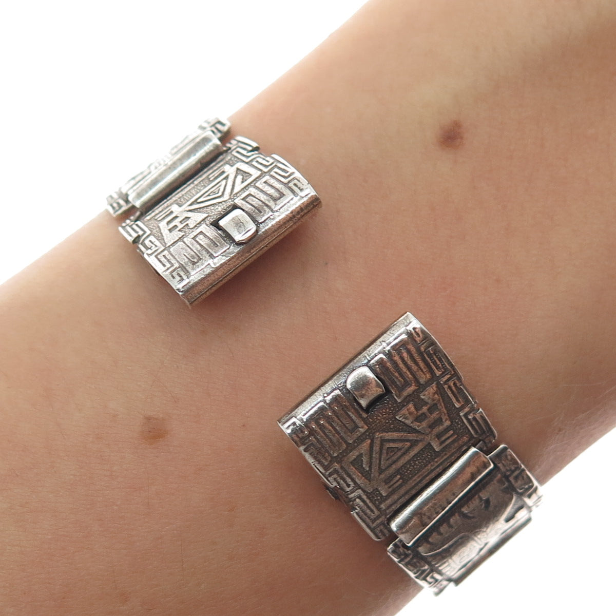 925 Sterling Silver Vintage DL Mexico Aztec Tribal Oxidized Watch Bracelet 5"