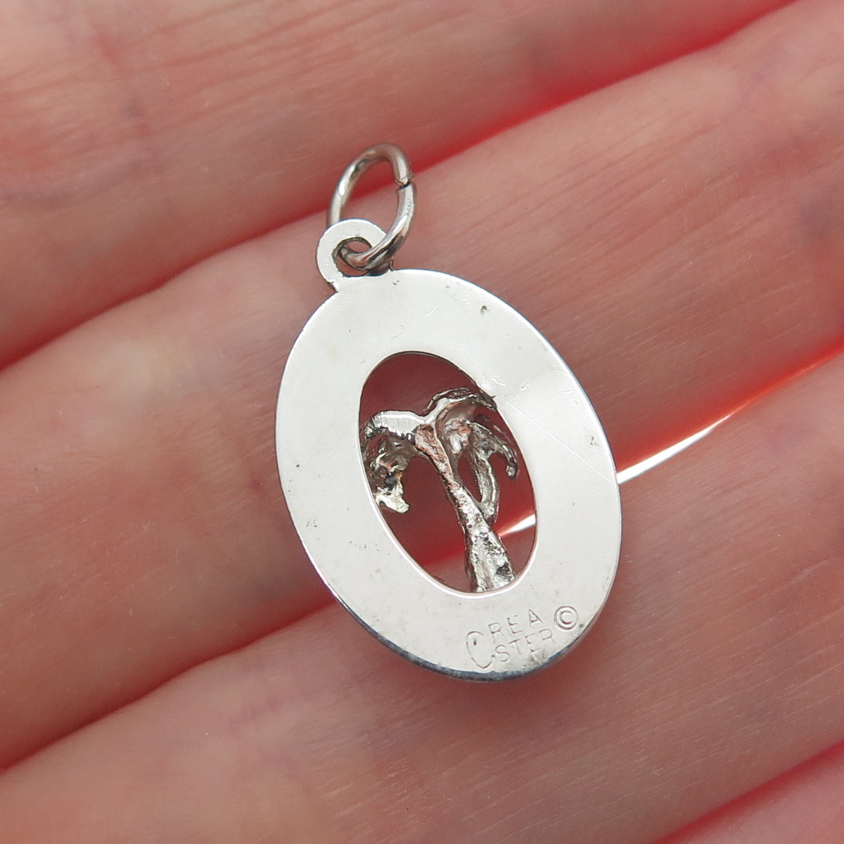 CREA 925 Sterling Silver Vintage Pink Rhinestone Jamaica Palm Minimalist Pendant