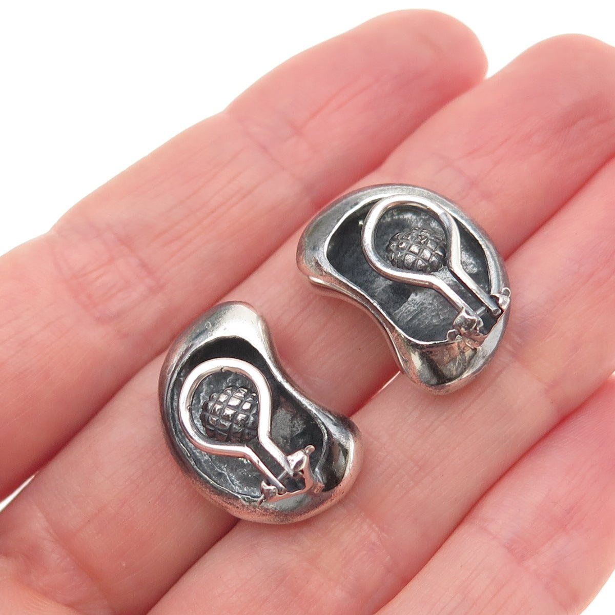 925 Sterling Silver Vintage Modernist Bean Oxidized Clip On Earrings