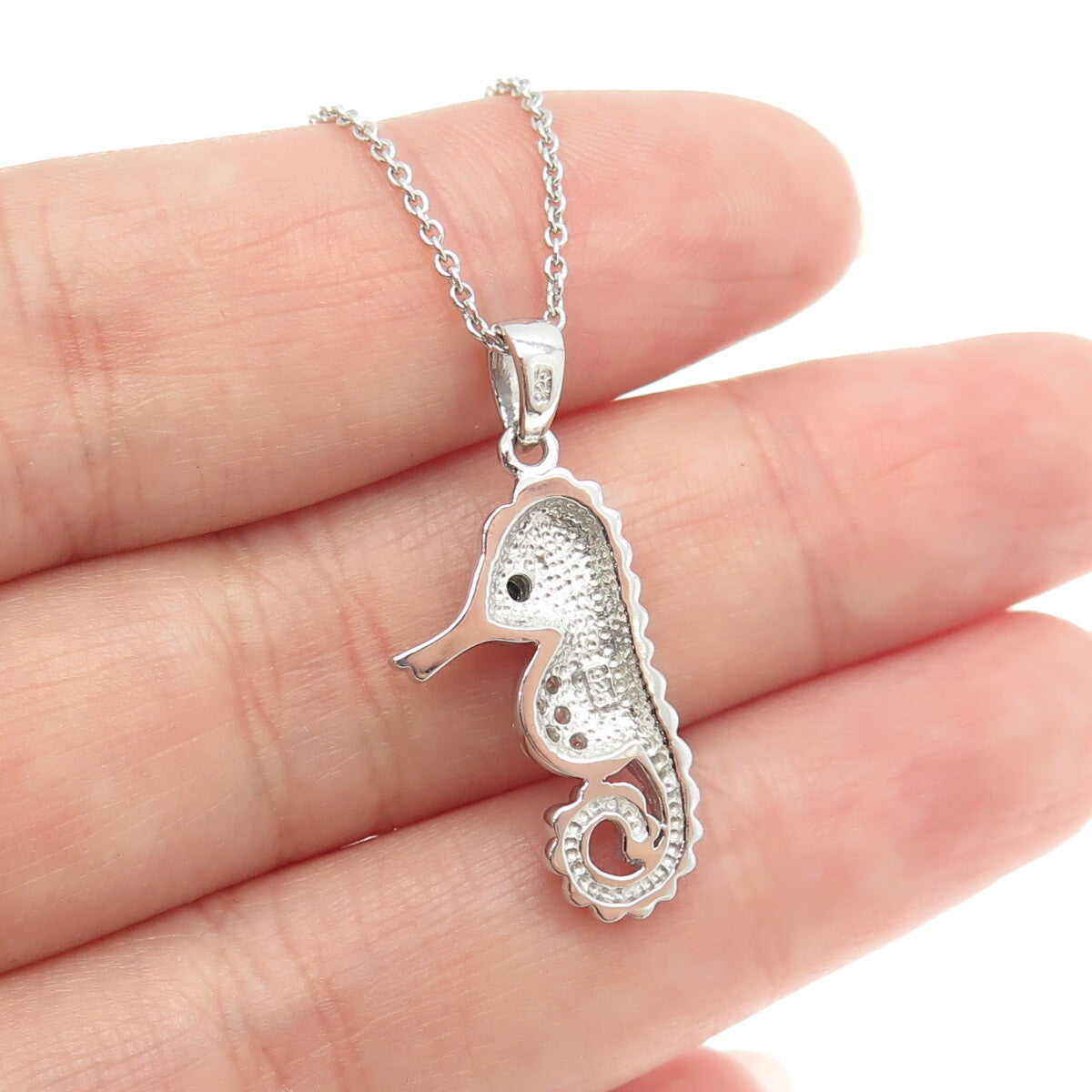 925 Sterling Silver White & Black C Z Seahorse Pendant Rolo Chain Necklace 18"