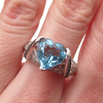 925 Sterling Silver Real Round-Cut Green Diamond Blue & White Topaz Ring Size 9