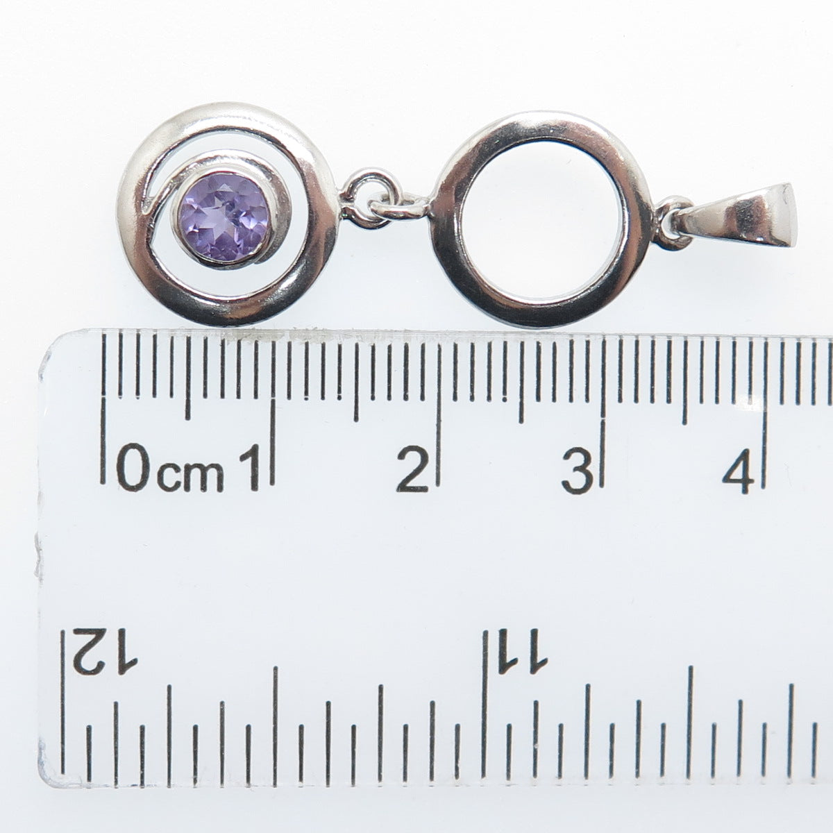 925 Sterling Silver Vintage Real Round-Cut Amethyst Circle Drop Charm Pendant