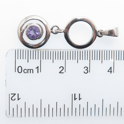 925 Sterling Silver Vintage Real Round-Cut Amethyst Circle Drop Charm Pendant