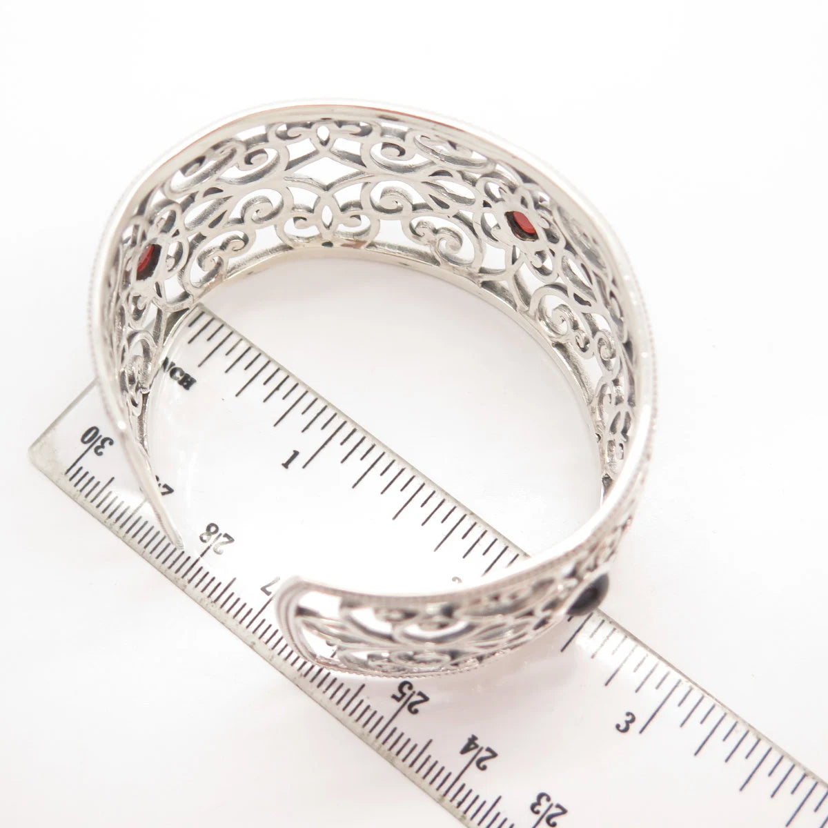 925 Sterling Silver Vintage Real Red Garnet Gem Ornate Cuff Bracelet 7"
