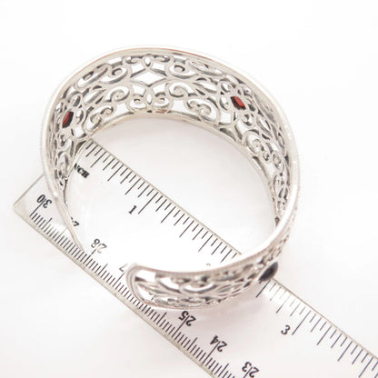 925 Sterling Silver Vintage Real Red Garnet Gem Ornate Cuff Bracelet 7"