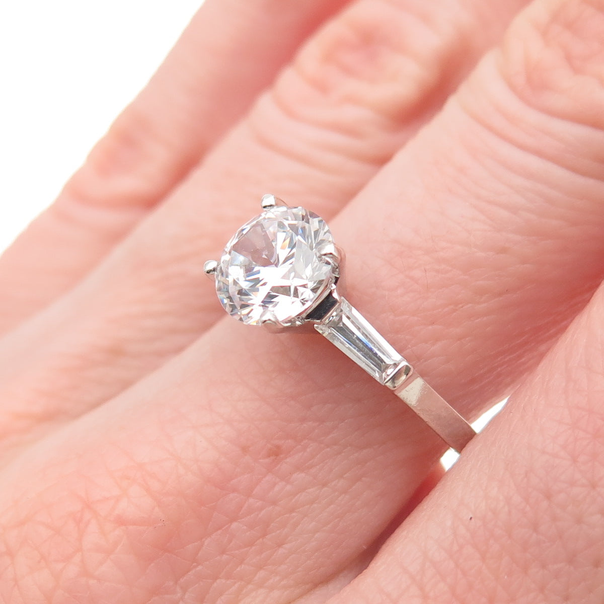 925 Sterling Silver Round & Tapered Baguette-Cut C Z Engagement Ring Size 8