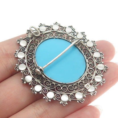 800 Silver Vintage Faux Turquoise Filigree Pin Brooch / Pendant