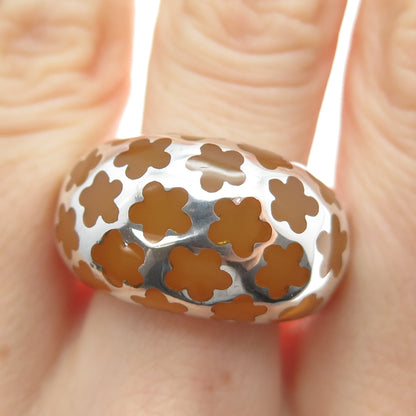 925 Sterling Silver Vintage Enamel Flower Dome Ring Size 7.25