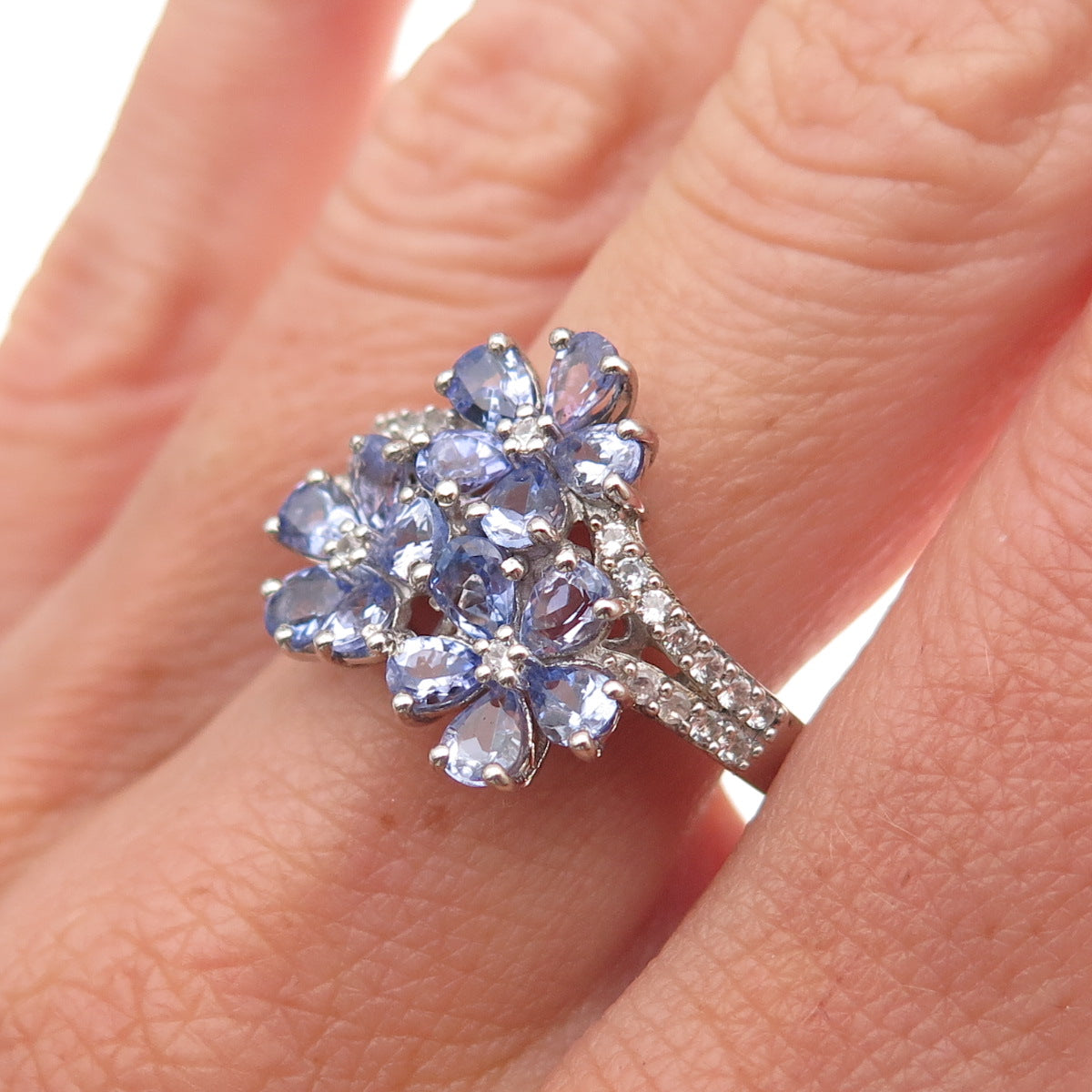 Chuck Clemency 925 Sterling Silver Real Tanzanite & White Topaz Ring Size 8.25