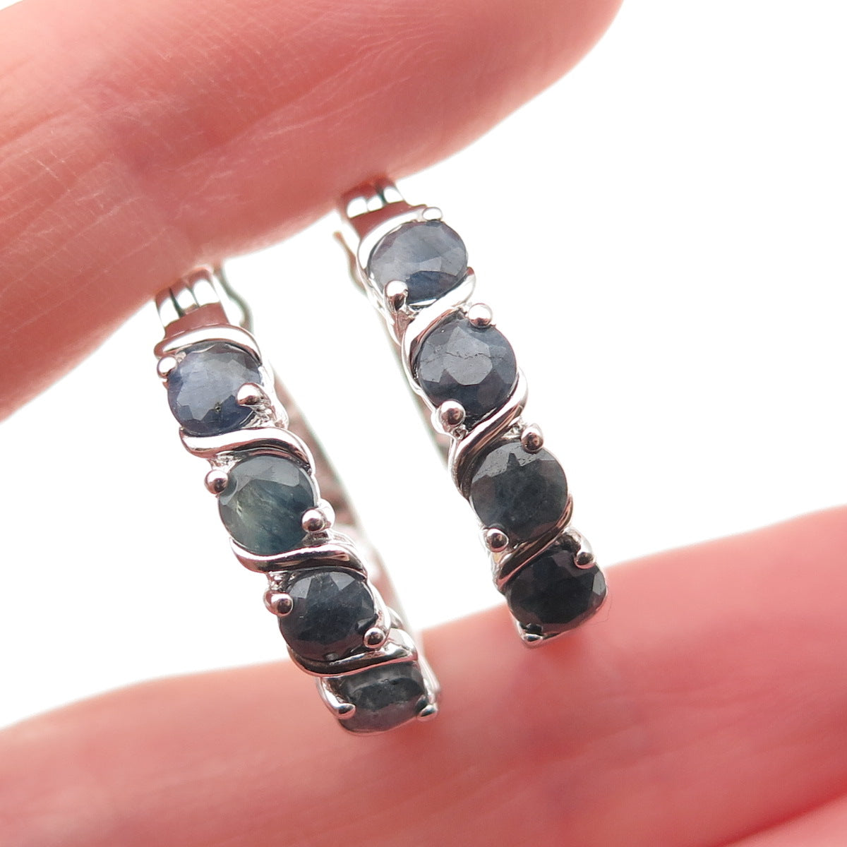 Ross Simons 925 Sterling Silver Real Round-Cut Sapphire Hoop Earrings