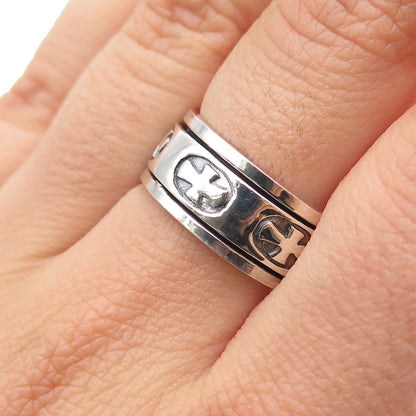 925 Sterling Silver Vintage Cross Oxidized Rotating Band Ring Size 7.75