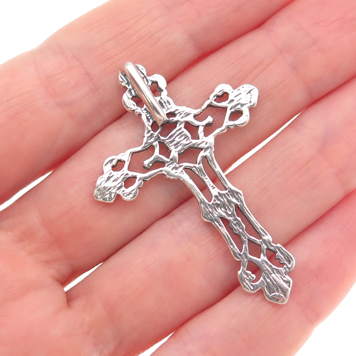 925 Sterling Silver Vintage Fleur de Lis Cross Oxidized Slide Pendant