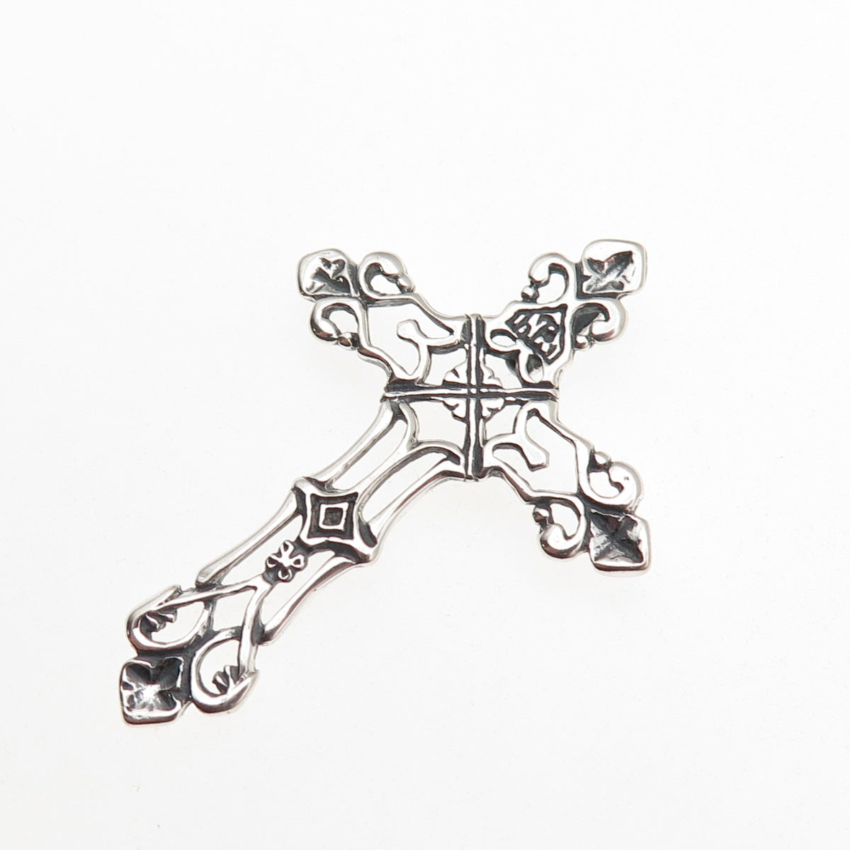 925 Sterling Silver Vintage Fleur de Lis Cross Oxidized Slide Pendant