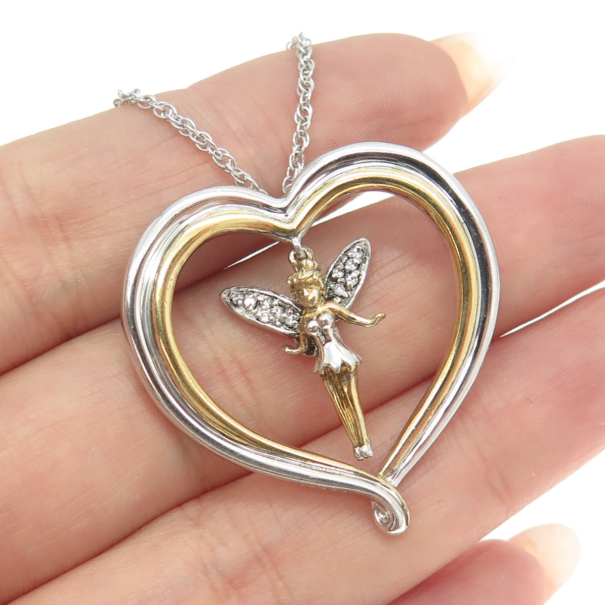 925 Sterling Silver 2-Tone Vintage C Z Tinker Bell Heart Necklace 18"