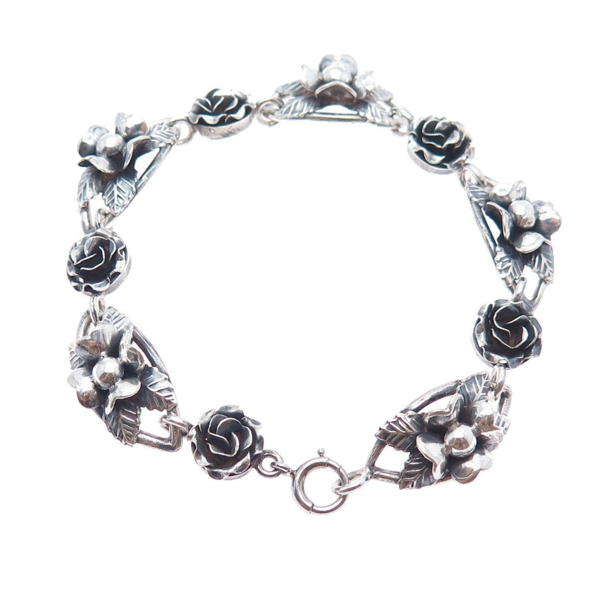 800 Silver Antique Art Deco Clover Flower Oxidized Link Bracelet 7.25"