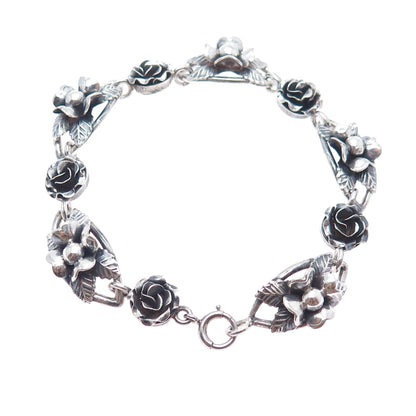 800 Silver Antique Art Deco Clover Flower Oxidized Link Bracelet 7.25"