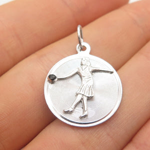 925 Sterling Silver Vintage M & M Real Black Onyx Gem Bowling Girl Pendant