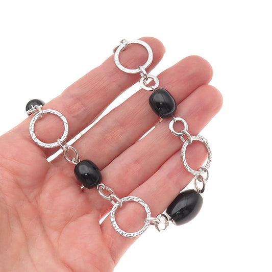 HN Heng Ngai Sterling Silver Vintage Real Black Onyx Circle Chain Necklace 18"