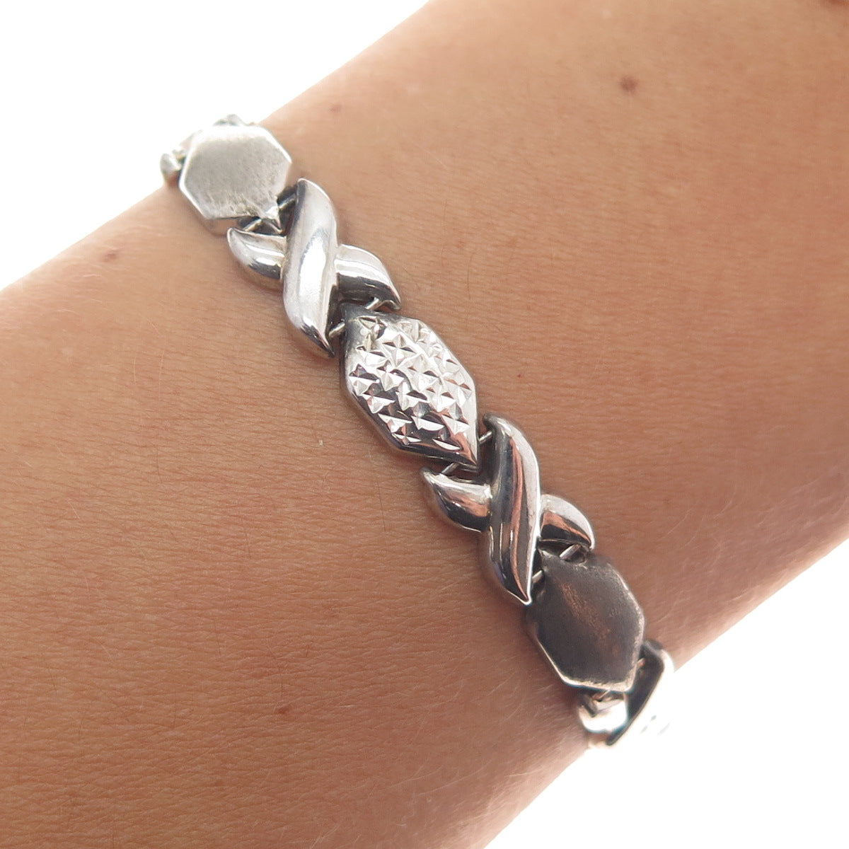 925 Sterling Silver Vintage Diamond-Cut "X" Link Bracelet 7.25"