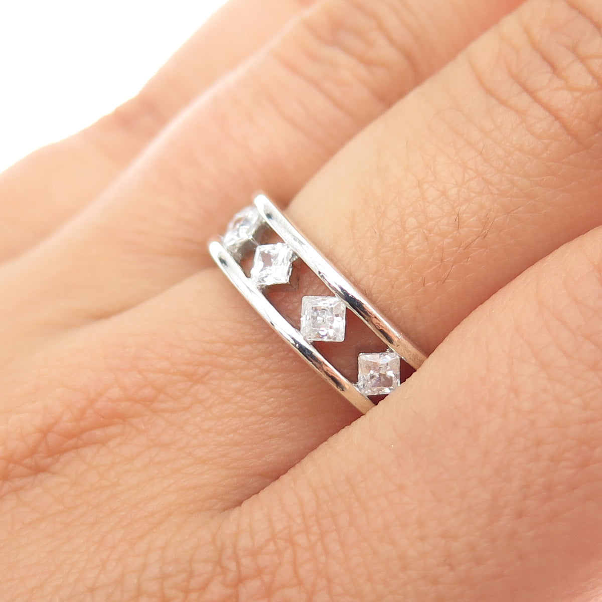 925 Sterling Silver Princess-Cut C Z Half Eternity Band Ring Size 7