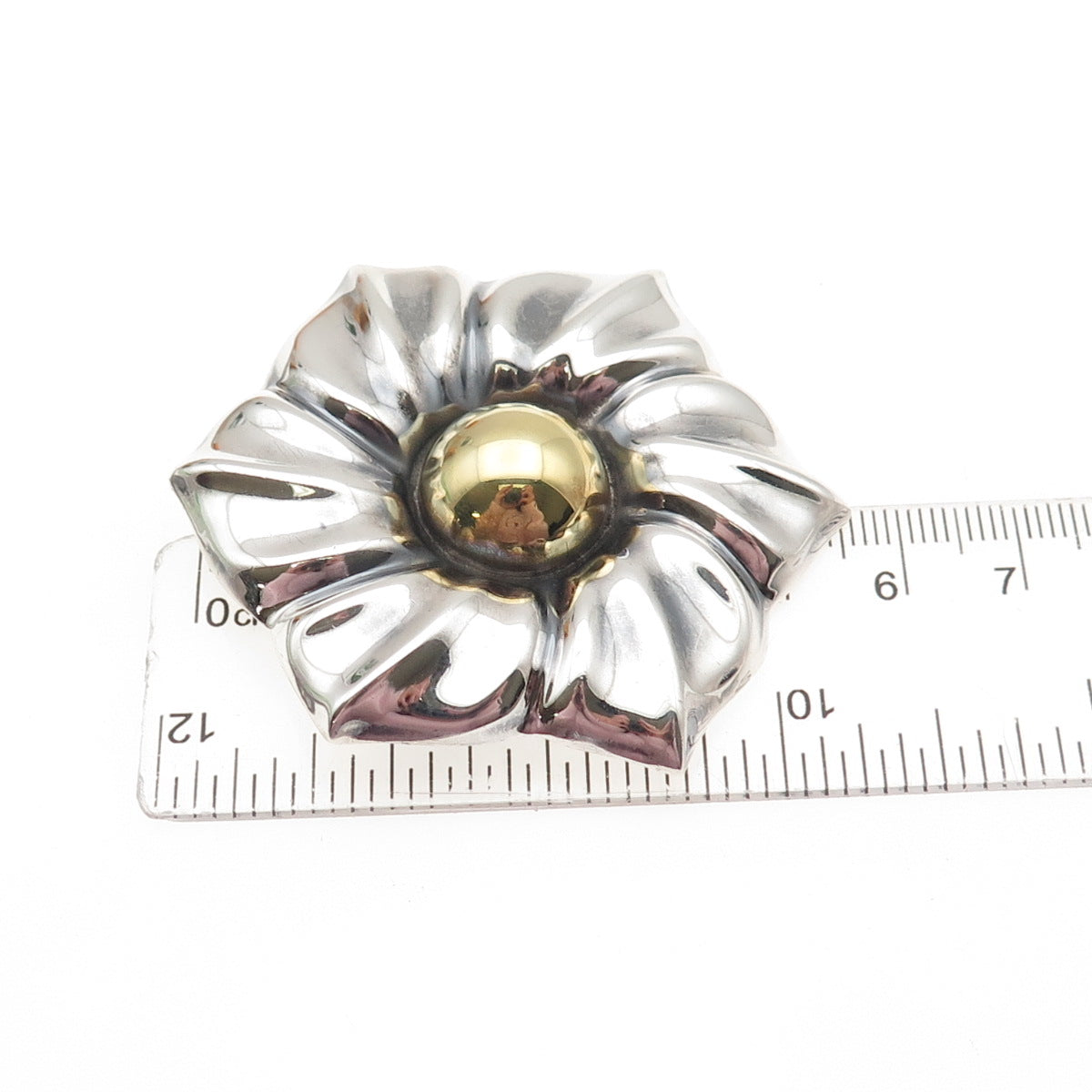 LATON 925 Sterling 2-Tone Vintage Mexico Modernist Flower Pin Brooch / Pendant