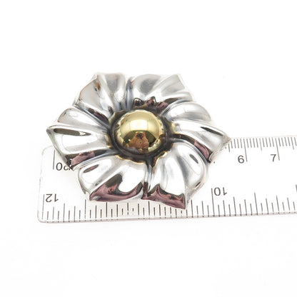 LATON 925 Sterling 2-Tone Vintage Mexico Modernist Flower Pin Brooch / Pendant