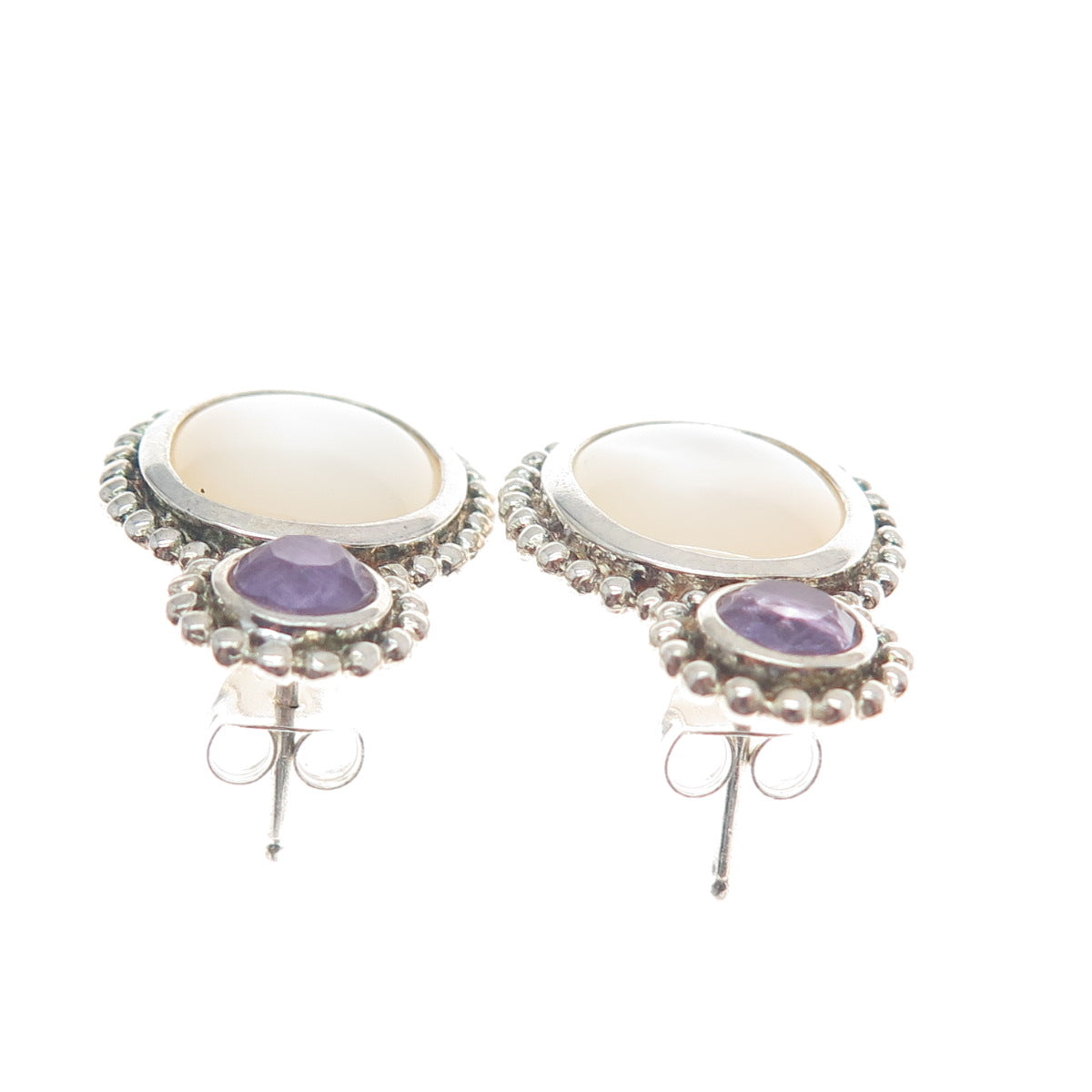 WHITNEY KELLY 925 Sterling Silver Vintage Real MOP & Amethyst Modernist Earrings