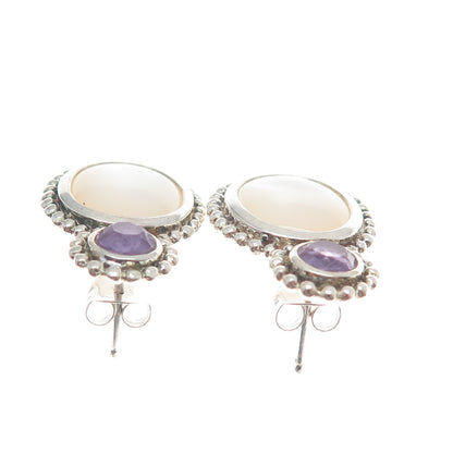 WHITNEY KELLY 925 Sterling Silver Vintage Real MOP & Amethyst Modernist Earrings