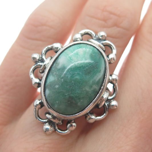 925 Sterling Silver Vintage Real Green Agate Floral Cross Oxidized Ring Size 8.5