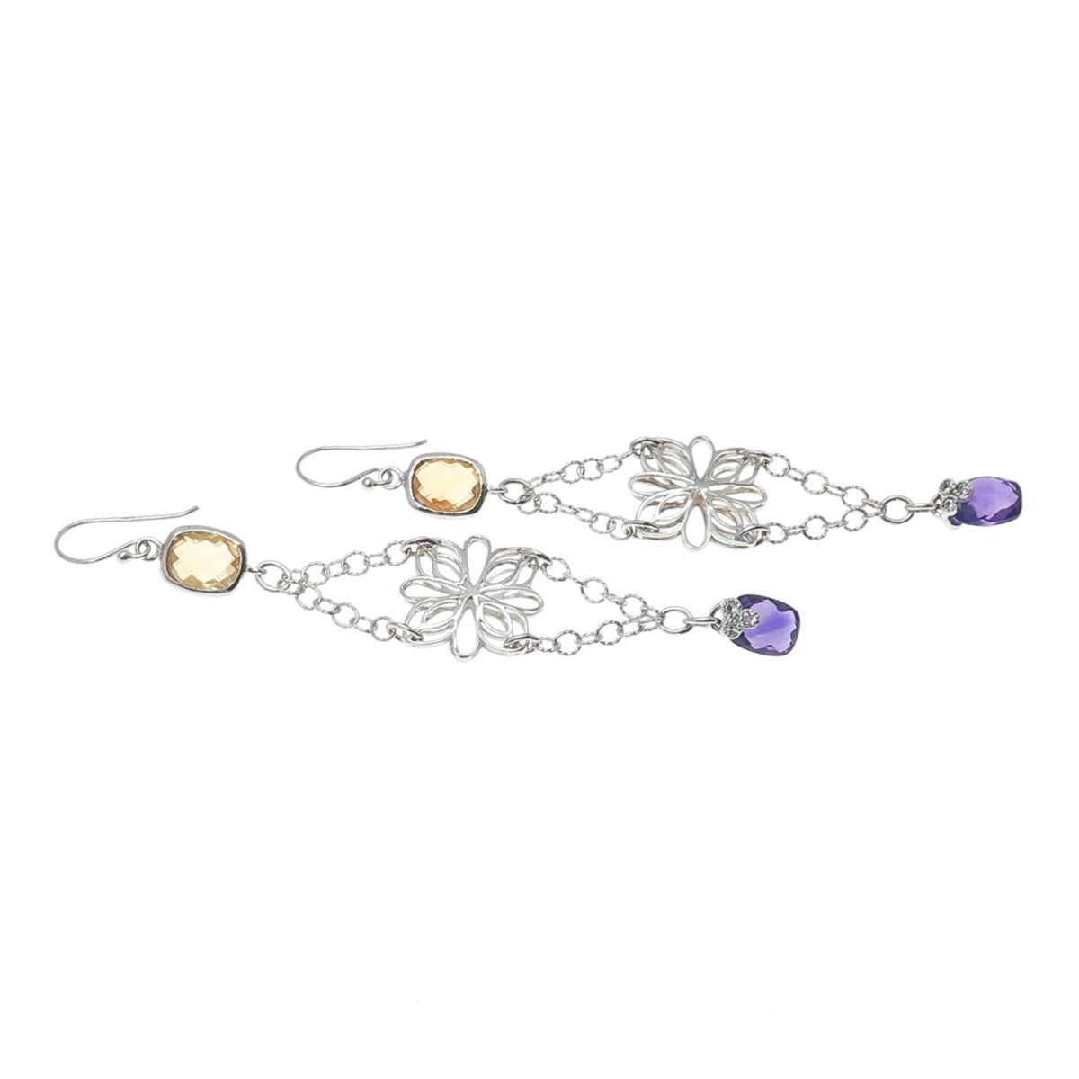 925 Sterling Silver Real Yellow & White Topaz Amethyst Flower Dangle Earrings