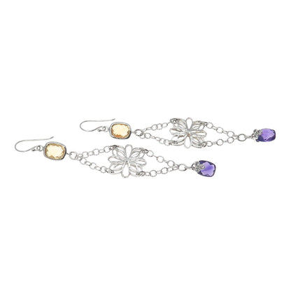 925 Sterling Silver Real Yellow & White Topaz Amethyst Flower Dangle Earrings