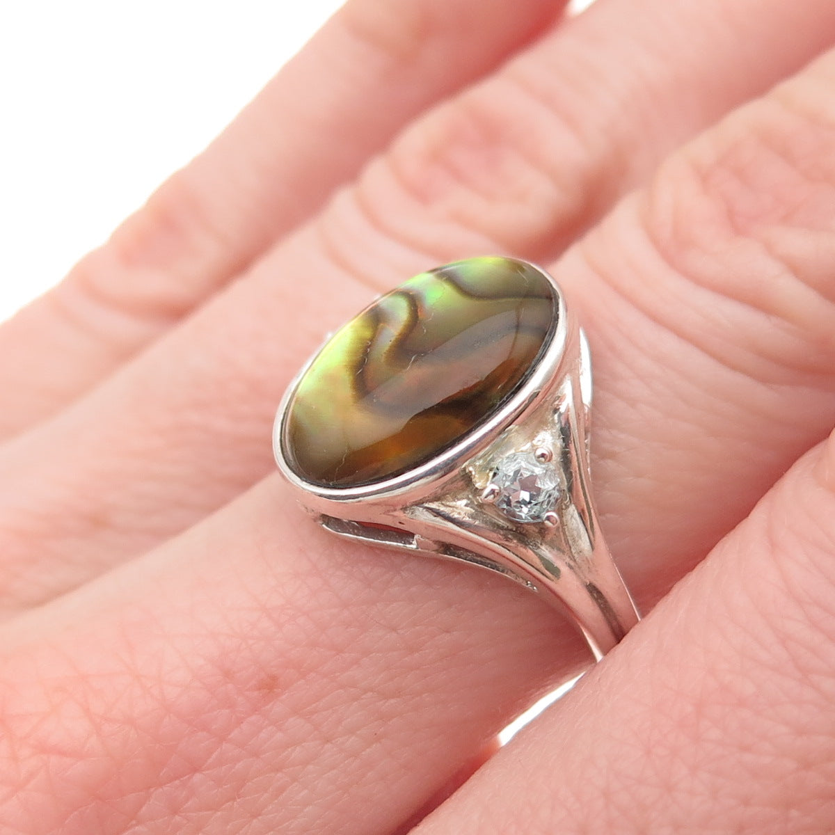 925 Sterling Silver Vintage Real Abalone Shell & Blue Topaz Ring Size 6.25