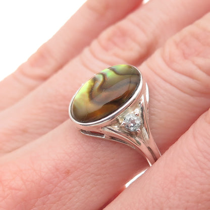 925 Sterling Silver Vintage Real Abalone Shell & Blue Topaz Ring Size 6.25