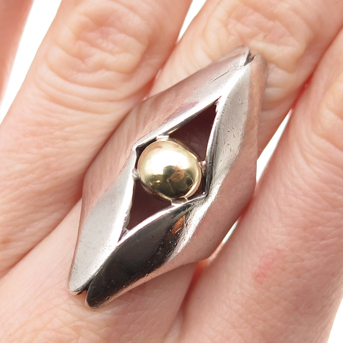 925 Sterling Silver 14K Gold Vintage Modernist Oxidized Ring Size 6.25
