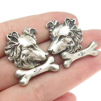 925 Sterling Silver Vintage Real Round-Cut Diamond Sheltie Dog Cufflinks