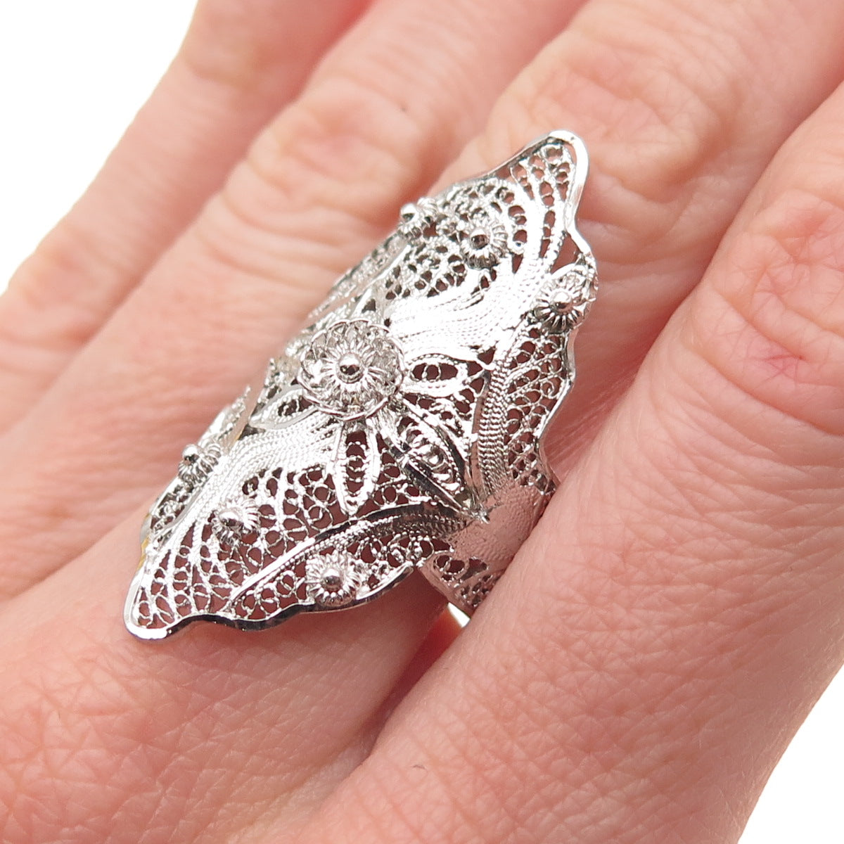 Van Lou Sterling Silver Antique Art Deco Floral Filigree Adjustable Ring Size 8