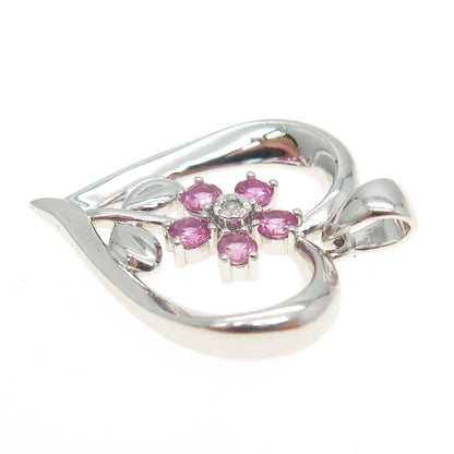925 Sterling Silver Real White Diamond & Pink Sapphire Gem Heart Floral Pendant