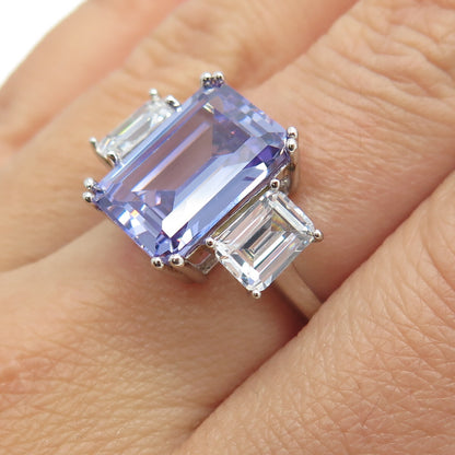 925 Sterling Silver Emerald-Cut Purple & White C Z Ring Size 7.25