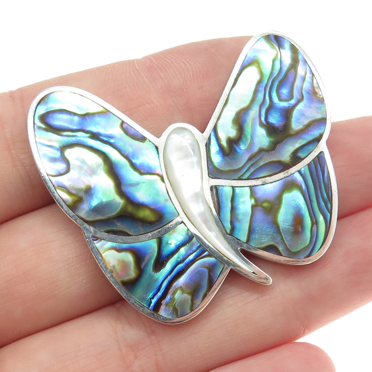 SAJEN 925 Sterling Silver Vintage Real Abalone Shell & MOP Butterfly Pin Brooch