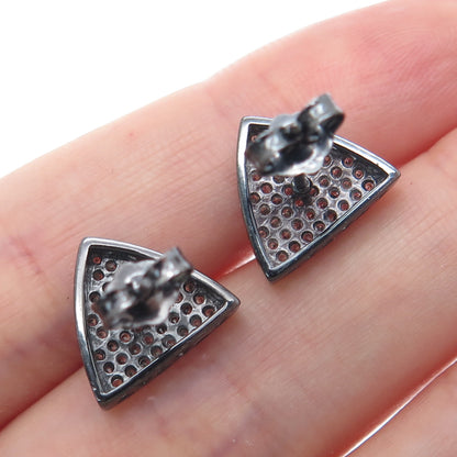 925 Sterling Silver Black Rhodium Round-Cut C Z Triangle Stud Earrings