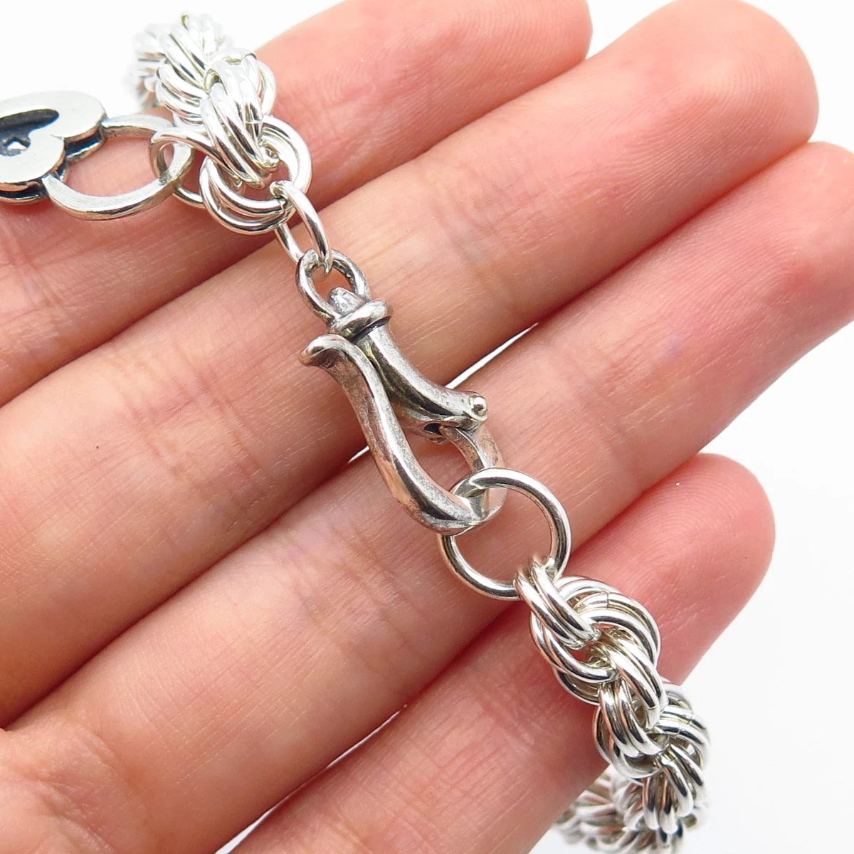 925 Sterling Silver Vintage Heart Lock Charm Twisted Rope Link Bracelet 6.75"